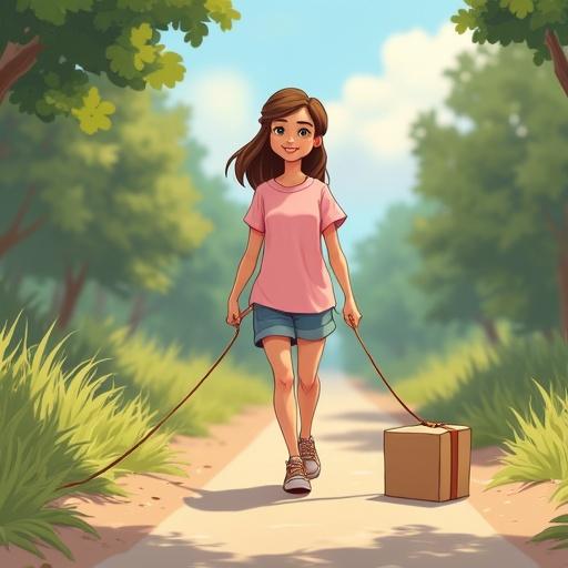 Charming young girl in light pink t-shirt walking down a sunny road pulling a box with a rope. Nature surrounds the path with green plants and trees.