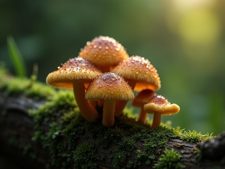 Extreme macro photography capturing a group of mushrooms on mossy dead wood. Covered in morning dew that shimmers in the light. Blurry dark matte green background with a dreamy bokeh effect.