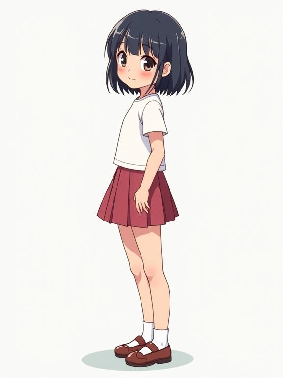 Illustration of a young girl with short dark hair wearing a pleated skirt. Anime style with bright colors and clean lines. Full body view.