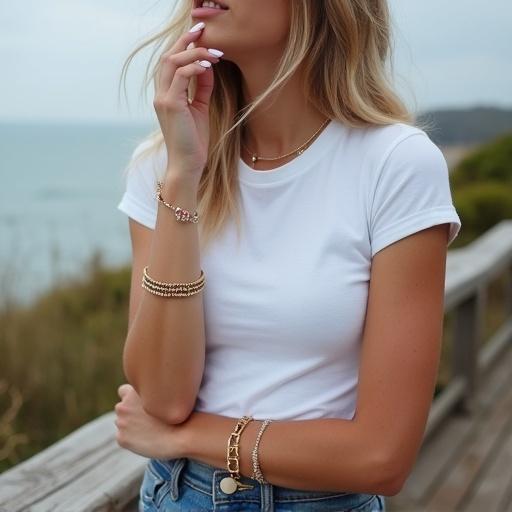 Candid shot showing stylish young woman on cloudy summer day by coast. She wears white round neck tee and denim cutoffs. Delicate stacked gold beaded bracelets adorn wrists. Nails painted white with pink swirl. Rustic wooden boardwalk and beach foliage in background. Relaxed youthful vibe.