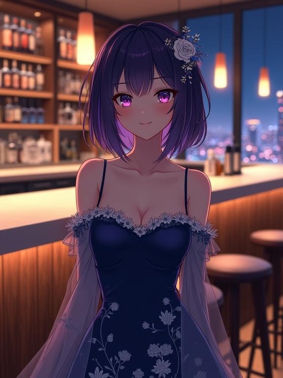 Anime woman with shoulder-length dark violet hair and dark violet eyes. She stands in front of a luxurious bar counter wearing an elegant, dark blue gown. The gown has sheer sleeves and floral patterns. The setting is a modern upscale bar with a nighttime city view. The woman has a graceful posture and a subtle smile.