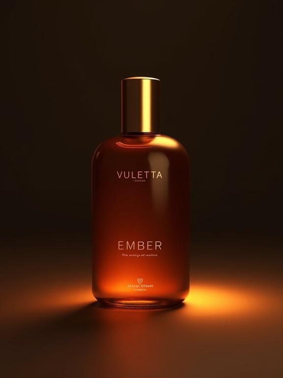 Warm amber niche perfume bottle displayed on a gradient background. Minimalist design features clean modern font for VULETTA in brushed gold. EMBER printed below in a modern font. O’Háodha Collection by Aaron Terence Hughes in soft copper. Brushed gold cap enhances elegance. Studio background transitions from rich amber to dark charcoal with soft spotlight glow to evoke warm embers.