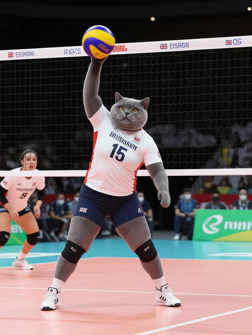 A British Shorthair cat dressed as a volleyball player on a court. The cat is wearing a sports uniform and preparing to serve a volleyball. Other players are in the background. A sporty atmosphere is visible.