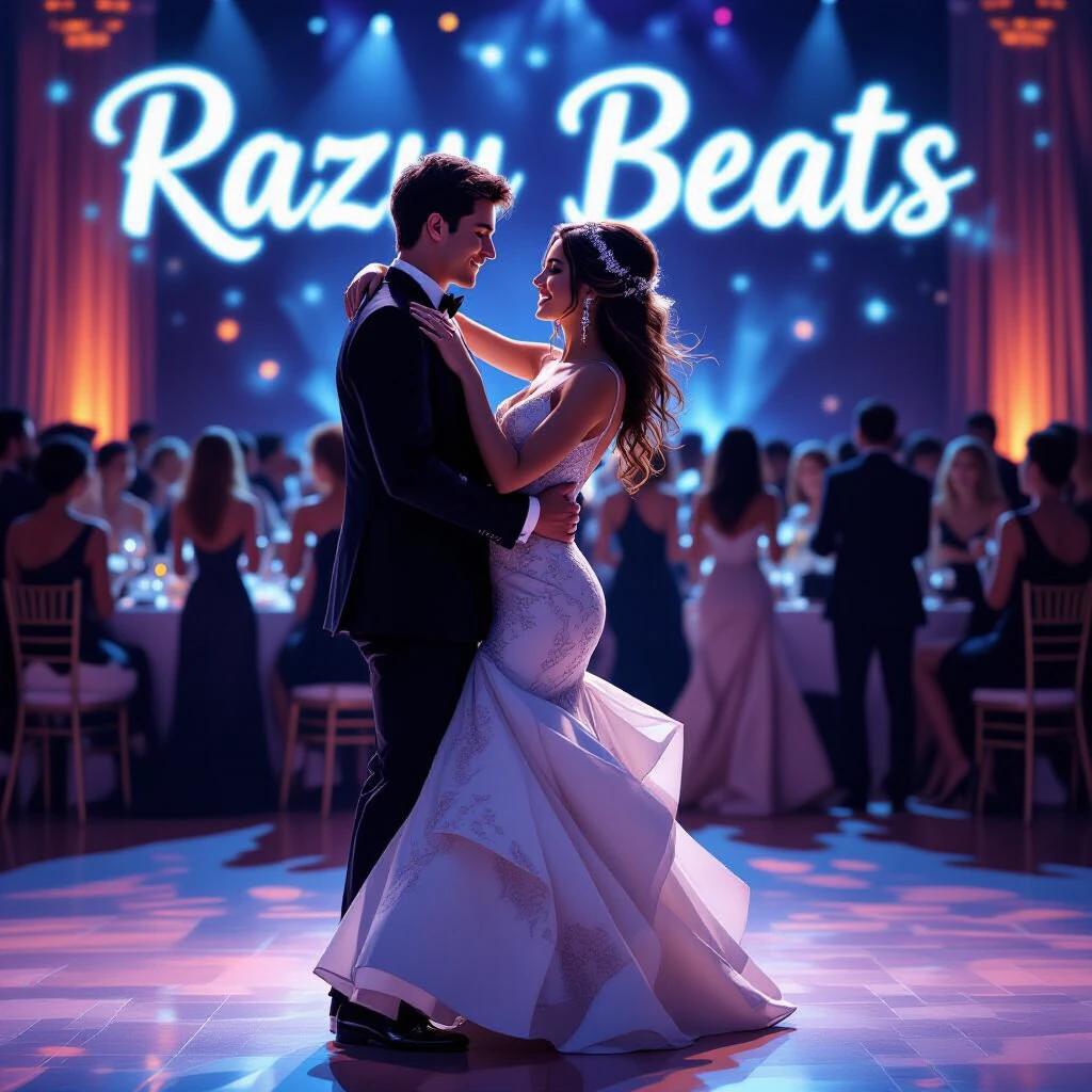 Couple dancing at prom. Background features RAZU BEATS logo in an artistic style. Formal attire enhances the festive atmosphere.