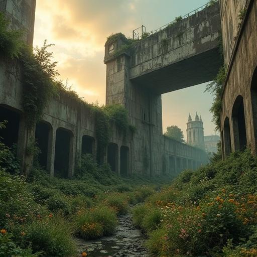 Post-human landscape at dusk featuring a half-collapsed brutalist tower taken over by ivy. Wildflowers grow through cracked concrete. Soft amber sunlight comes through stormy clouds. An abandoned monorail hangs nearby. Faint fog drifts near the ground. Fragments of classical statues scatter across the area. Faded murals appear on walls. Ultra-detailed texture gives a sense of eerie tranquility.