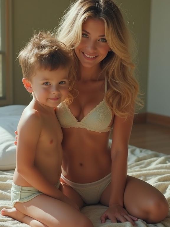 Full body image of a woman in bra and panties with a boy. Natural setting with soft lighting. Pixelated and low resolution with slight compression artifacts. Bright colors typical of early Instagram filters