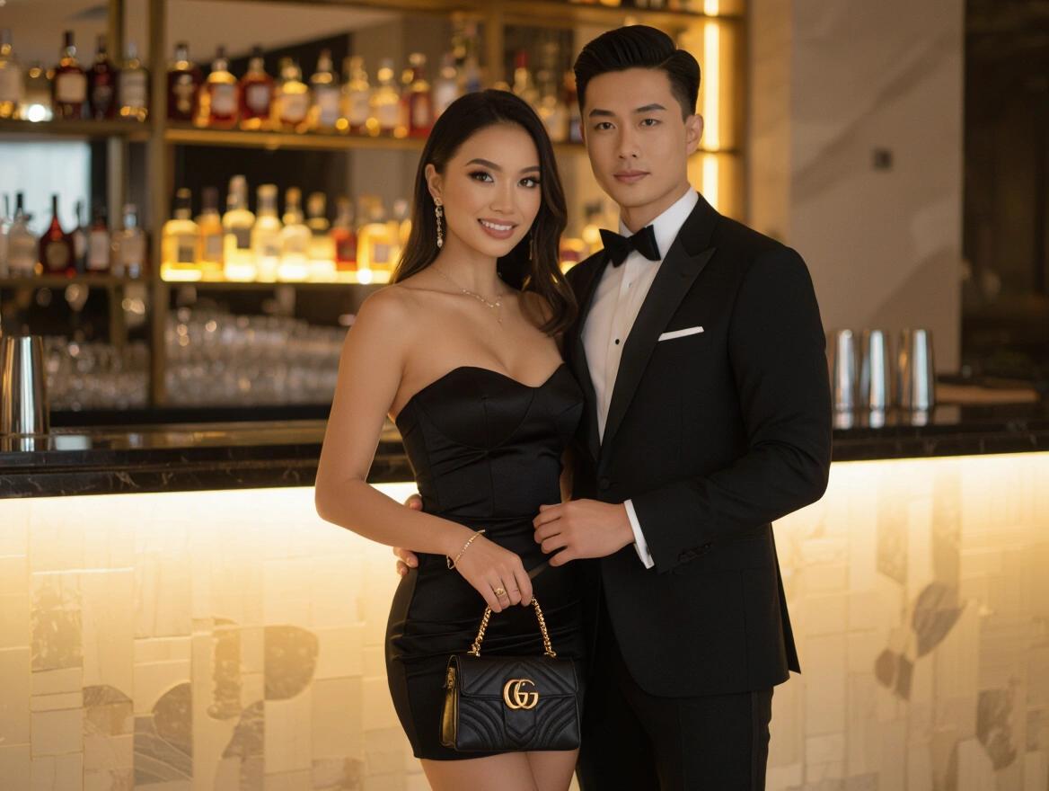 Couple embracing at a bar. Woman in short strapless black cocktail dress. Man wearing a tuxedo. Warm lighting in a luxurious setting. Woman holding a small black Gucci purse. Both looking fashionable and elegant.