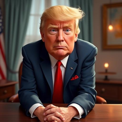 Character designed in Pixar style resembling a well-known politician. Scene set in an office with an American flag.
