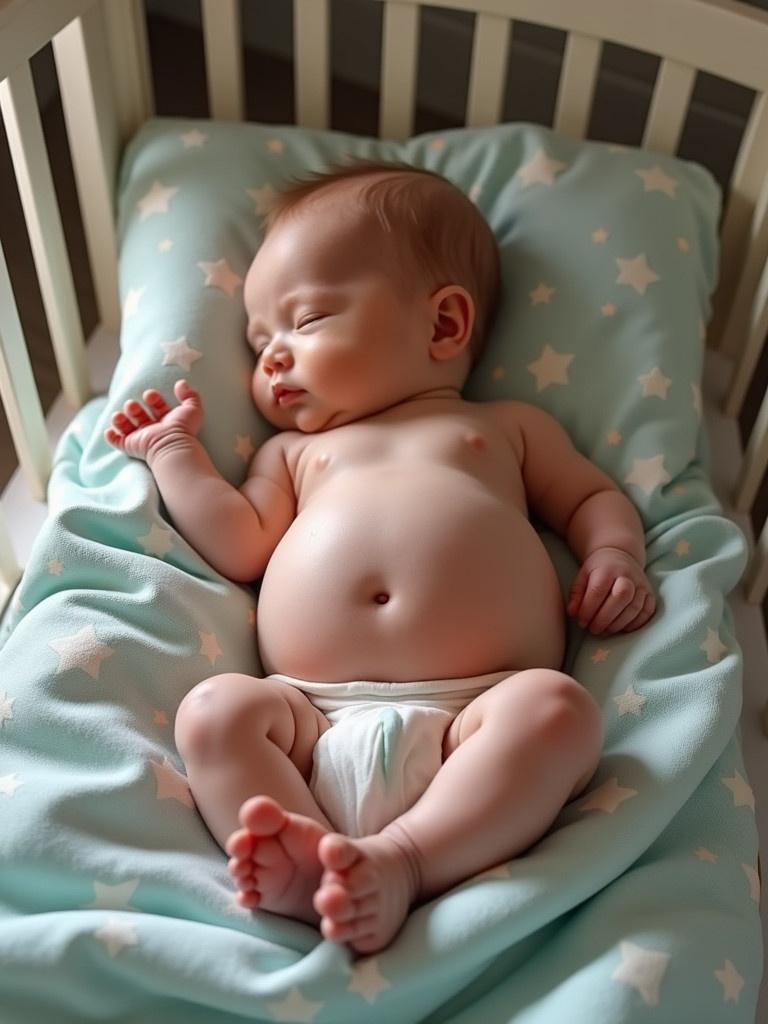 A baby lying in a crib with a noticeably swollen belly. The baby is dressed in a diaper. Soft pillows and a gentle lighting create a warm atmosphere.