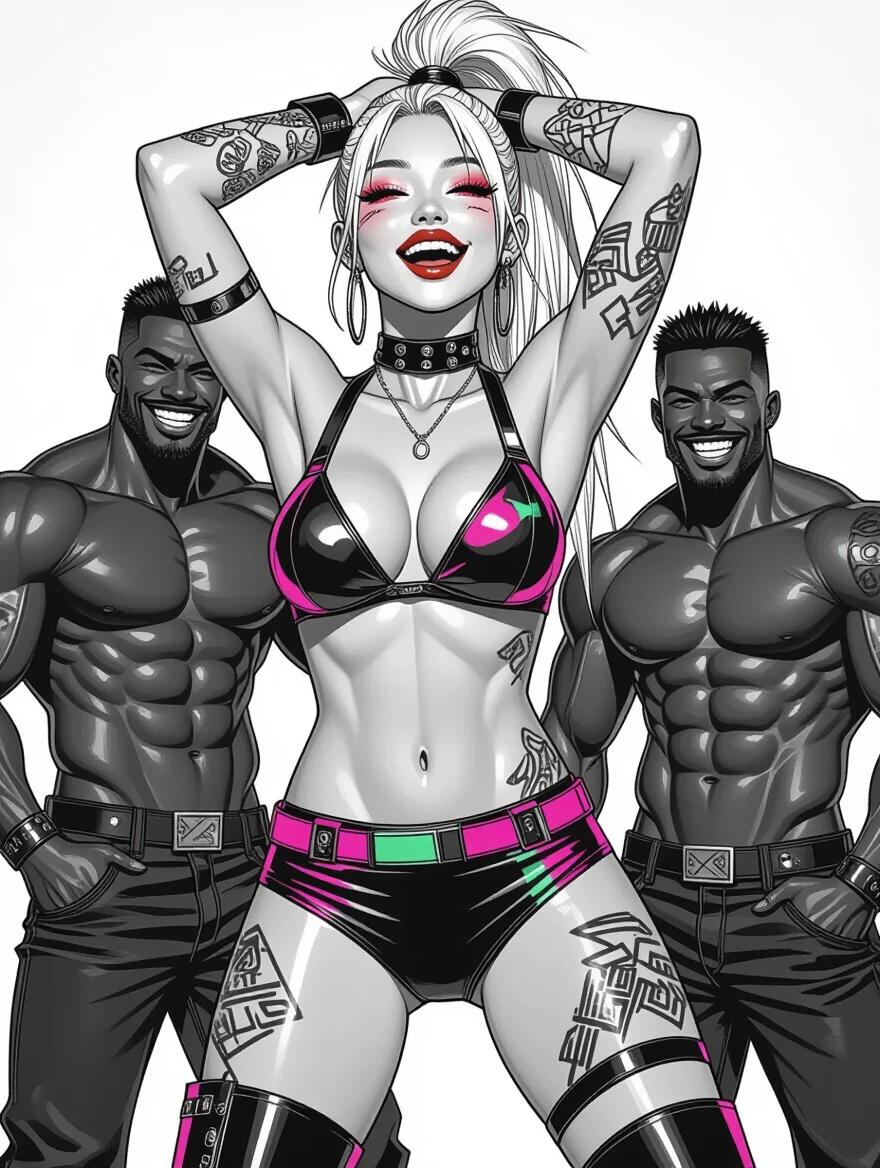 Cyberpunk model poses confidently. High ponytail and bright bikini. Bold makeup and tattoos enhance her look. High boots complete the outfit. Three muscular men stand beside her. They smile slyly while looking at her. The image features black and white comic style with bright accents. Model bends to the side with hands above head, displaying joy and confidence.