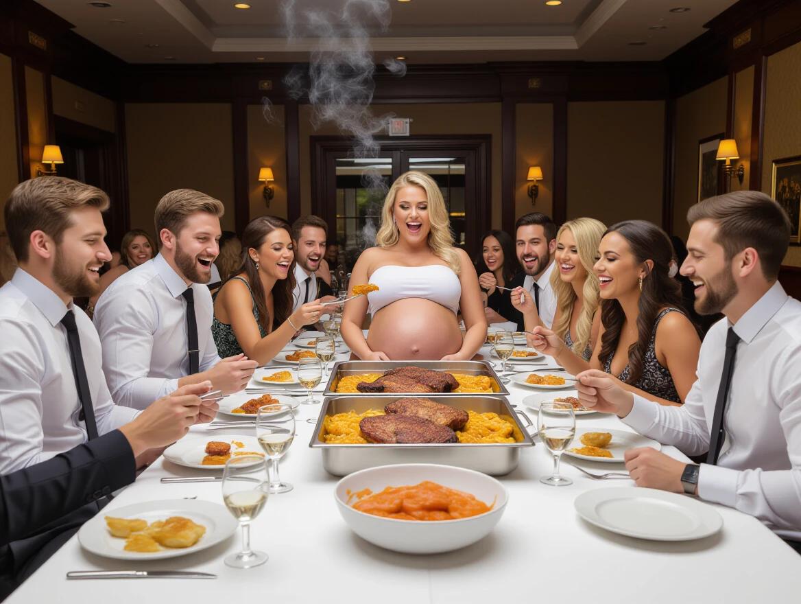 Large bellied pregnant woman sitting at a dining table. Surrounded by friends. Everyone smiles and enjoys food. Steaming meat dishes served. Party setting with elegant decor.