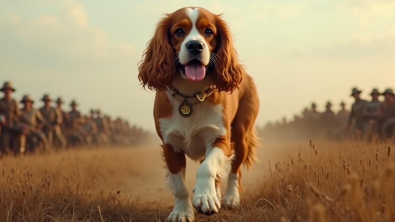 In a dramatic setting, a giant cavalier king charles spaniel confidently walks across a barren battlefield. The background reveals soldiers sitting in rows, hinting at a military theme. The dog, with its beautiful golden and white coat, exudes a sense of bravery and loyalty. The atmosphere is infused with warmth from the sunset, casting a golden hue over the scene. The image captures an epic moment, combining the charm of a beloved pet with the gravity of a battle setting.