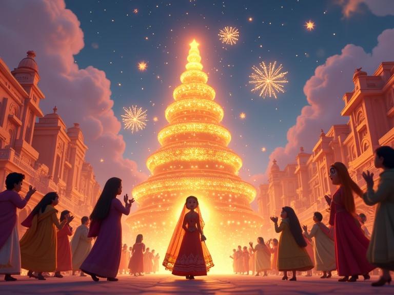 Vibrant CGI cartoon scene set in a magical Indian town. Joyful wedding procession and animated characters dancing and celebrating. Bride looks unsure about her jewelry. Glowing light appears in the sky. Magical jewelry store descends like a palace, glittering with gold and diamonds. Jewelry flies to bride. Bride transforms into queen. Crowd cheers and sparkling text appears: 'Gayatri Jwellerys – Where Tradition Meets Royalty'. Contact details float around.