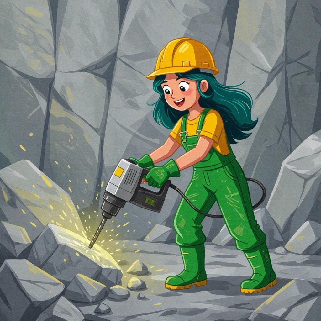 Marble works at a stone quarry. She uses a mining drill to break large rocks. Marble Pie has dark green hair. She wears a yellow hardhat. She has dark green coveralls. Her footwear is green with yellow soles.