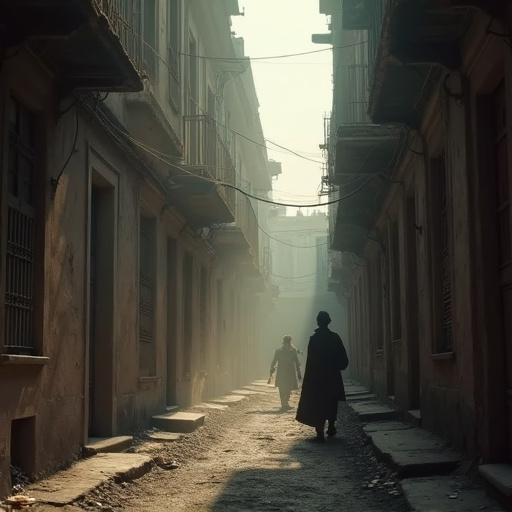Photorealistic image shows a dilapidated alleyway in Istanbul from the 1950s. Dusty air fills the narrow space. Two figures visible walking in the distance. The perspective is low angle showcasing depth of field and motion blur.