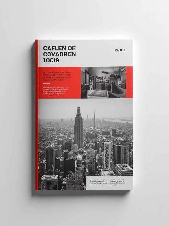 Cover design for a modern catalogue. Features a bold red and black color scheme. Incorporates modern urban photography and minimalist aesthetics. Clean typography. Suitable for a range of contemporary products or services.
