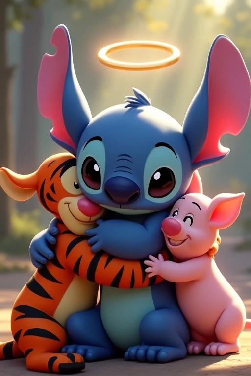Stitch is being hugged by Tigger and Piglet. Stitch is blue with large ears and has angel wings and a halo. Tigger is orange with black stripes and is the tallest. Piglet is pink and is the smallest. All characters are happy in a playful setting.