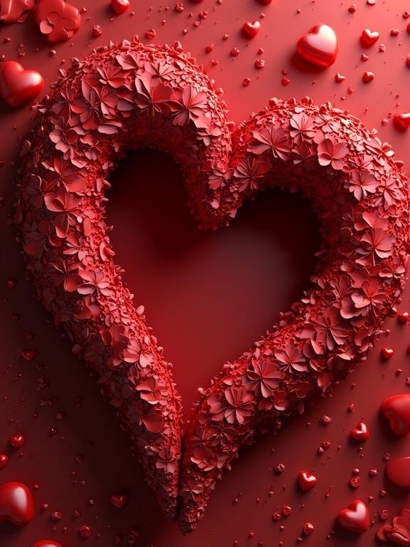 A heart shape made of flowers and hearts. Bright red background. A multitude of smaller hearts surrounds the main heart. Hyperdetailed and rendered with zentangle and 3D techniques. High-resolution artwork.