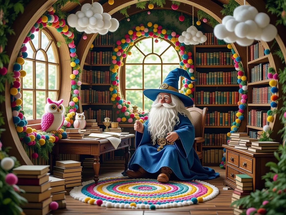 A whimsical wizard's study filled with colorful pompoms. Shelves lined with pompom books. An owl and clouds made of pompoms. The wizard wears a blue cloak and sits in a cozy chair. The atmosphere feels magical and surreal. The lighting is soft and dreamy. The composition has depth and dimension with fluffy textures.