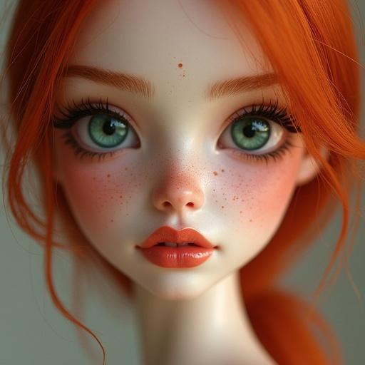 Create a model that is beautiful with green eyes, fair skin, dimensions of 90-60-100, and red hair with freckles on her face.