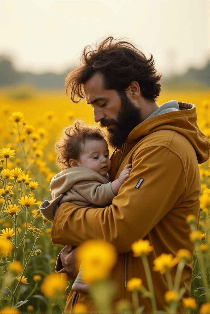 A person lovingly holds a child in a field of yellow flowers.