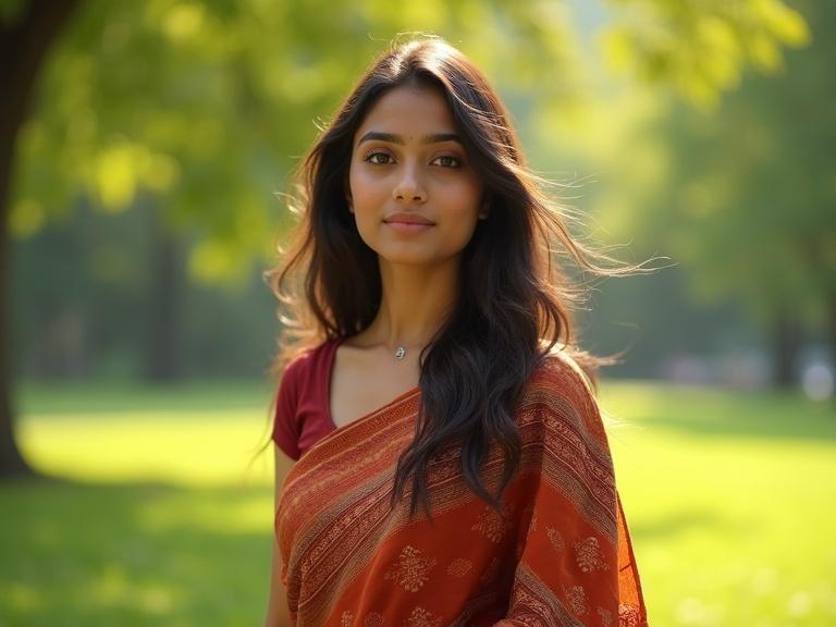 Young Indian woman in a sunlit park wearing a traditional saree. Soft natural light on face. Hair moving in slight breeze. Lush green trees and grass in background. Ultra high detail portrait.