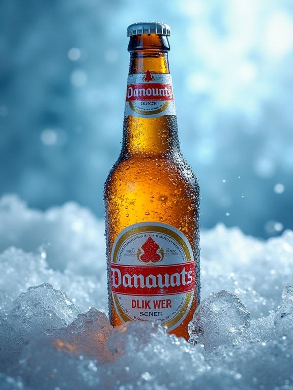 A chilled bottle of beer with a textured icy background. The bottle is covered in water droplets appearing refreshing. The backdrop is icy blue enhancing the cold theme.