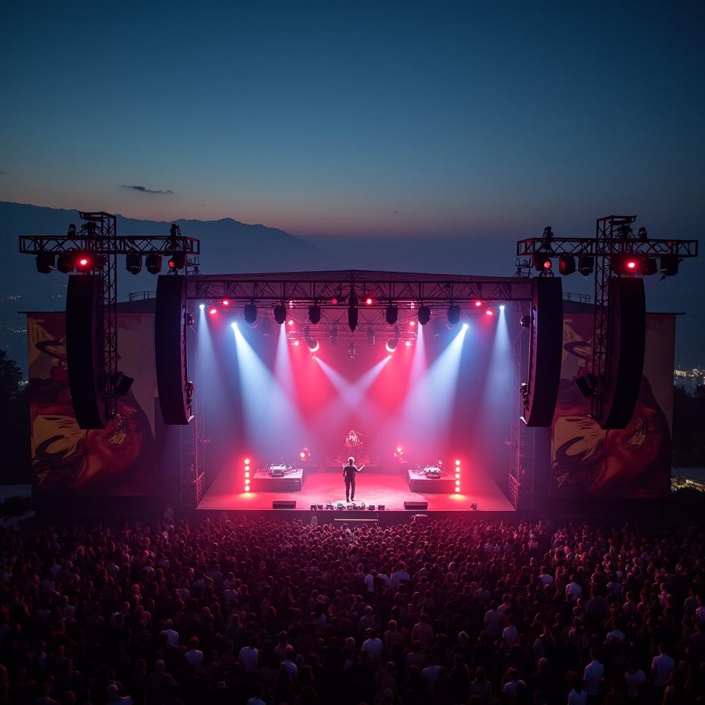 Aerial view of a Travis Scott concert at dusk with a large crowd. Bright stage lights and a scenic background create an energetic atmosphere.