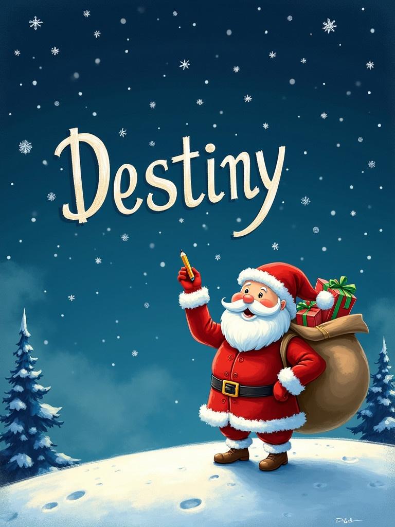 Santa Claus on snowy hill under starry night sky. He is writing names with a pencil. He has a large sack of gifts on his back. The name Destiny is in whimsical font.