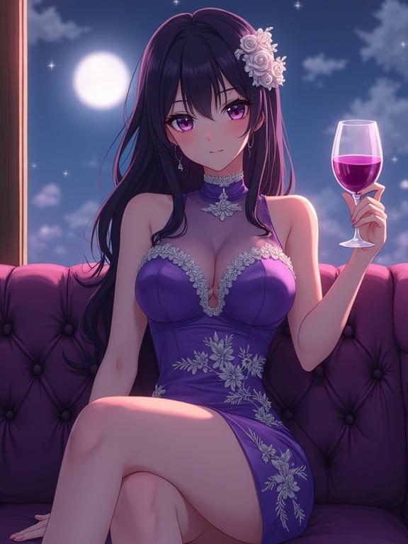 A beautiful anime sexy woman with long dark purple hair styled in a soft bob. She wears a modern cheongsam-style dress in glossy violet satin texture. The dress has silver floral embroidery and a sheer upper. She sits with legs crossed on a purple tufted sofa. A full moon shines through a window. She holds a wine glass with purple liquid and looks towards the viewer. The lighting is soft and warm. The image has a cinematic, ultra-detailed appearance and is semi-realistic in style.