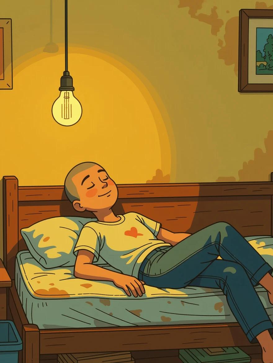 A person with a buzz cut lies on a worn mattress. The room is cluttered and dingy. A single bare lightbulb hangs from the ceiling. They wear a slightly stained t-shirt and worn sweatpants. Their eyes are closed with a wistful smile. The wall is faded yellow. Bright abstract forms reflect their dreams of money, a beach, and an open road. The composition contrasts their reality with vibrant hopes. Soft light and shallow depth of field enhance the mood.