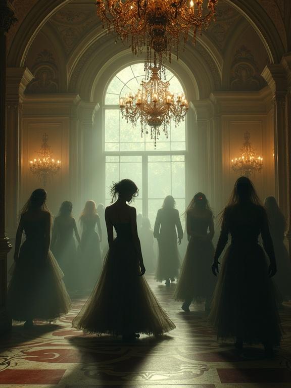 An opulent ballroom with chandeliers and Art Nouveau designs. Spectral figures dance in the shadows. Some figures are highlighted by light, their faces distorted and grotesque.