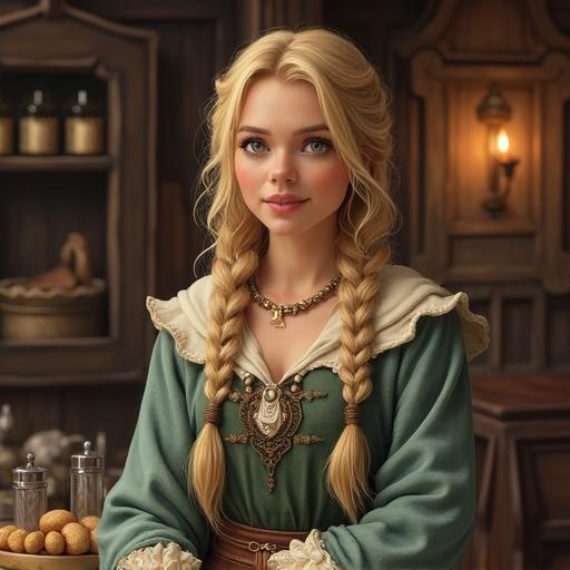 Human female with blonde hair in braids. Works at an inn and is dressed in a costume like a character from Dragon Quest. She has a friendly expression.