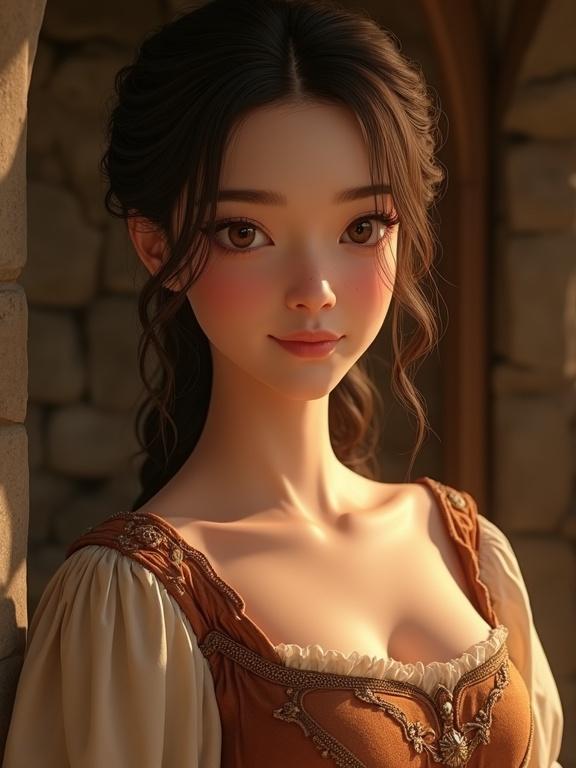 A young woman in a medieval fantasy setting. She has a soft face and warm brown eyes. Her hair is chestnut brown and loosely styled. She wears an elegant gown with delicate embroidery. The scene is cozy, illuminated by warm light from a rustic stone cottage.