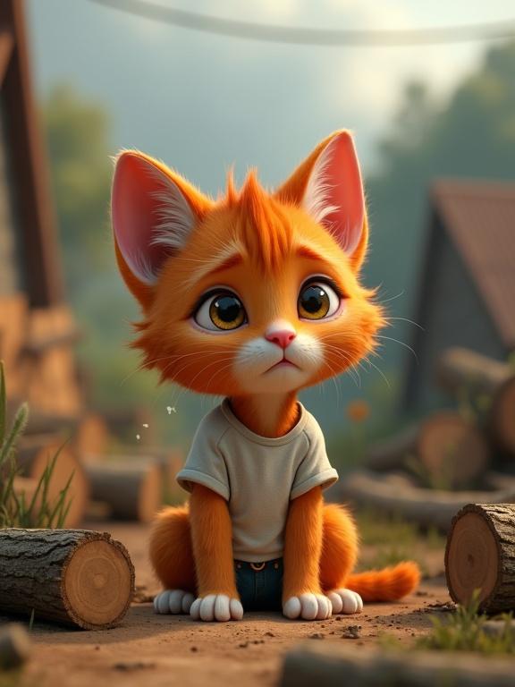 Pixar-style 3D animation featuring a cute ginger kitten wearing a torn t-shirt and shorts. The kitten appears sad and is sitting on the ground with large tears. Fallen tree trunks and wood debris surround it along with a freshly cut tree stump. The background shows a devastated rural village beneath a gloomy overcast sky. The kitten's emotional expression is prominent. The image is formatted vertically with a 9:16 aspect ratio.
