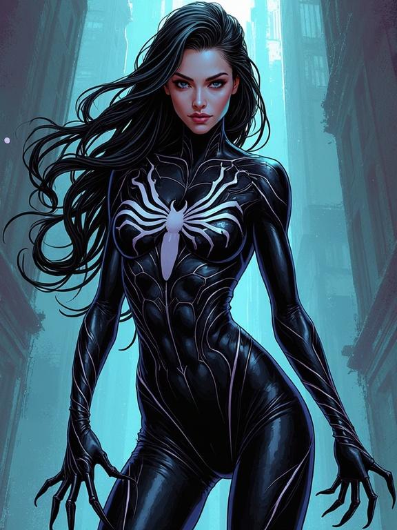 Woman in dark symbiote suit with tendrils. Suit combines gothic aesthetics with vibrant comic book colors. Artistic blend of human and alien elements.