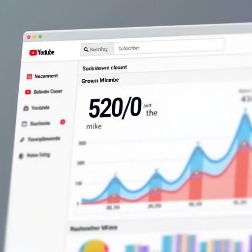 A clean YouTube Analytics dashboard screenshot. Subscriber count is shown prominently. Growing view metrics are highlighted. Colorful charts and graphs illustrate trends. Modern user interface design. Focus is on the subscriber number in large text. Trending upward arrows suggest growth. Professional aesthetic for a social media manager. Bright screen showcases a realistic interface.