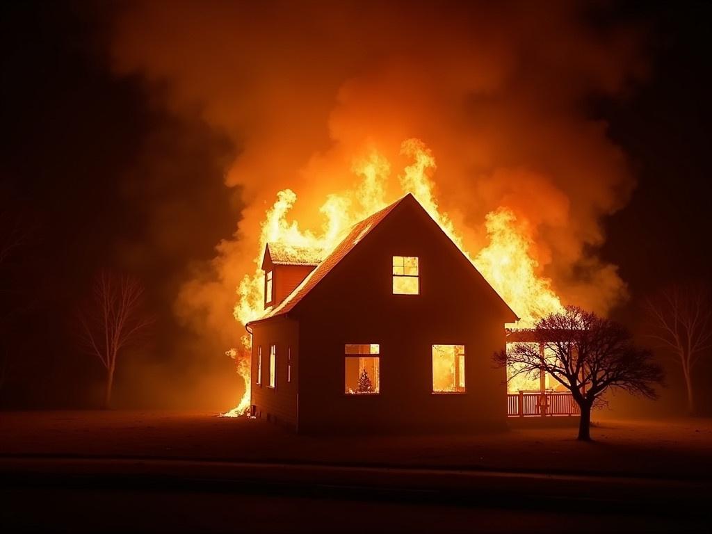 A house is engulfed in flames during a nighttime fire. The flames blaze brightly, illuminating the area with an orange glow. Smoke billows up into the night sky, adding a dark backdrop to the fiery scene. Windows appear shattered or glowing from the heat, and the fire consumes the roof and upper floors of the house. Shadows of trees can be seen nearby, silhouetted against the bright inferno. The atmosphere is tense, emphasizing the urgency of the situation as the house is rapidly being destroyed by fire.