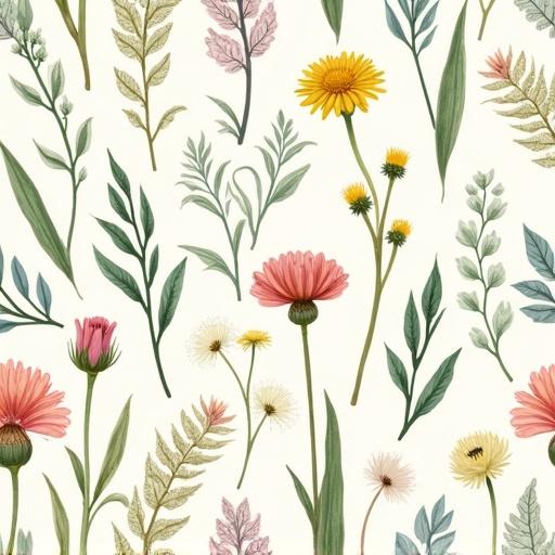 Design a seamless pattern showcasing a variety of wildflowers and ferns. Use a vintage illustrative style with pastel colors. Create a balanced layout with no visible edges for repeatability.