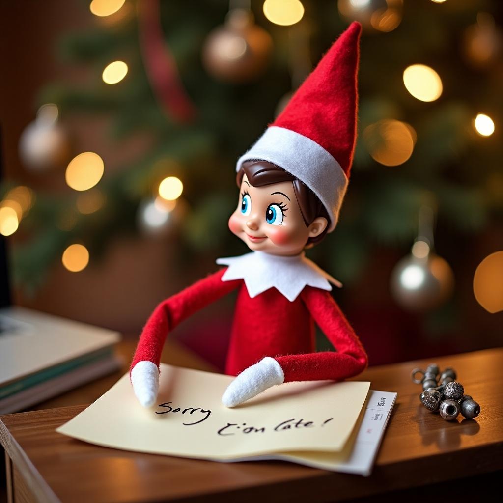 The image features an Elf on the Shelf, a popular holiday decoration, seated at a wooden table. The elf, dressed in a red outfit with a white collar and hat, is focused on writing a note that says 'Sorry I’m late!'. In the background, a beautifully decorated Christmas tree with soft, warm lighting adds a festive touch. The setting is cozy, enhancing the holiday spirit. This scene captures the playful essence of the Elf on the Shelf tradition, making it perfect for holiday-themed content.