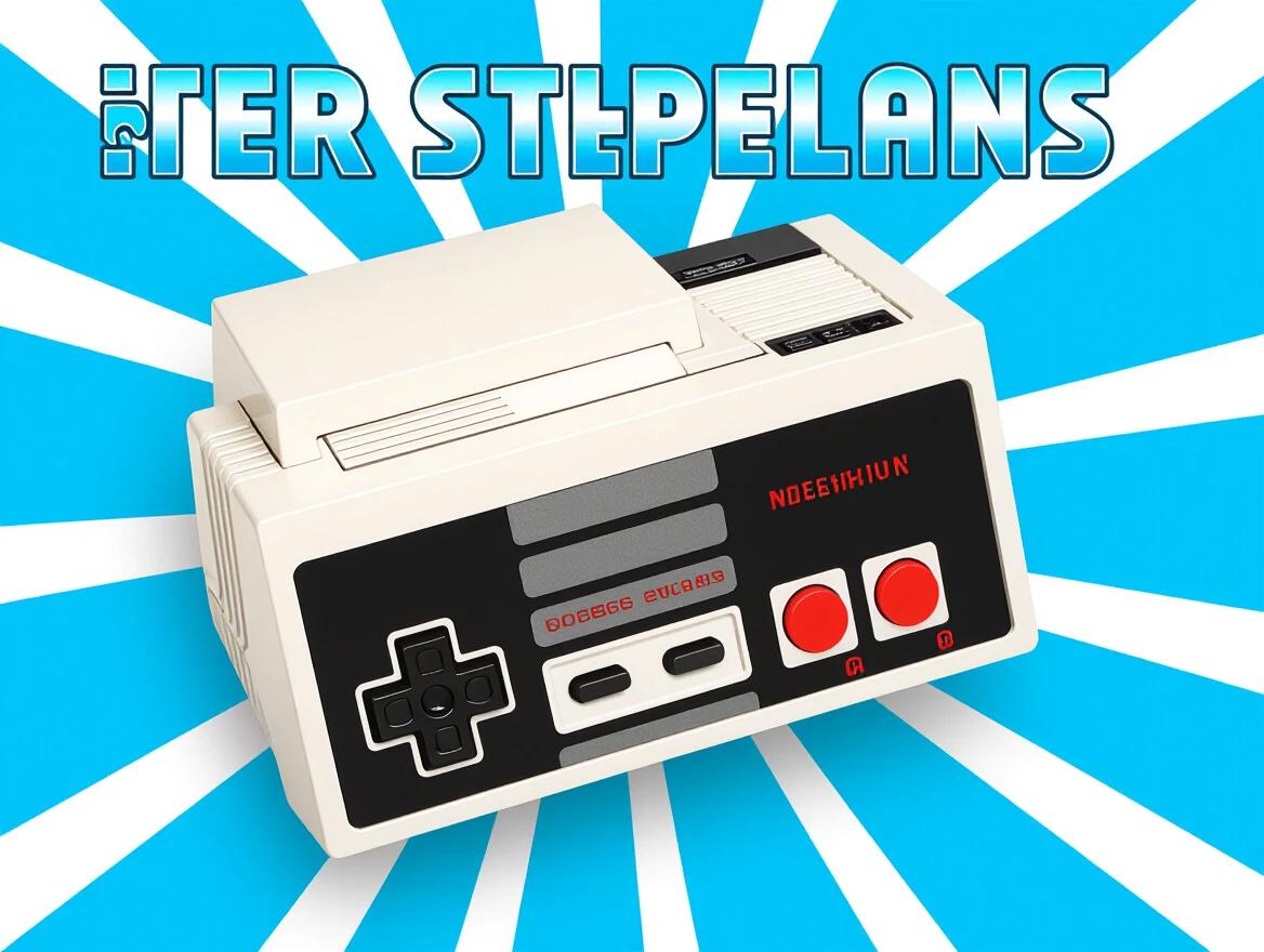 NES console with a bright blue burst background. Classic retro design with black and red buttons. Vintage gaming theme.