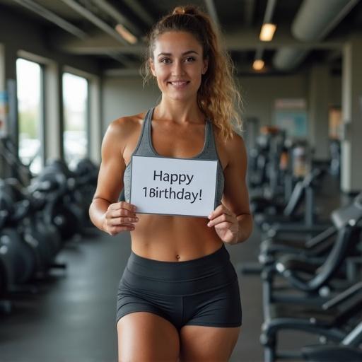 Woman in gym holds a sign. Sign reads Happy Birthday 1Birthday. Woman wears yoga shorts. Gym equipment is in background.