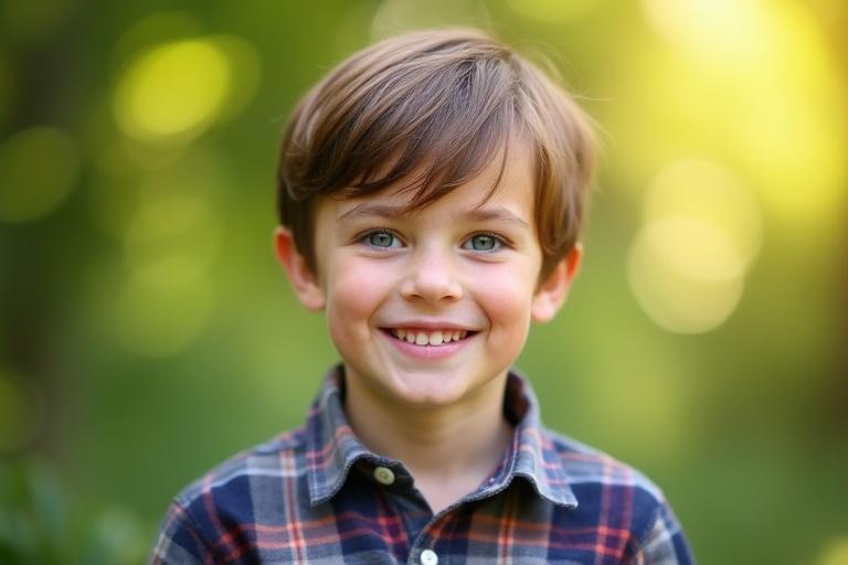 A detailed portrait of a young boy. The boy has bright blue eyes and a cheerful smile. Short brown hair complements his plaid shirt. The setting is outdoors with soft natural lighting and a bokeh background of green foliage. The image captures childhood joy with vibrant colors and an innocent expression. The composition shows sharp focus using an 85mm lens with shallow depth of field.