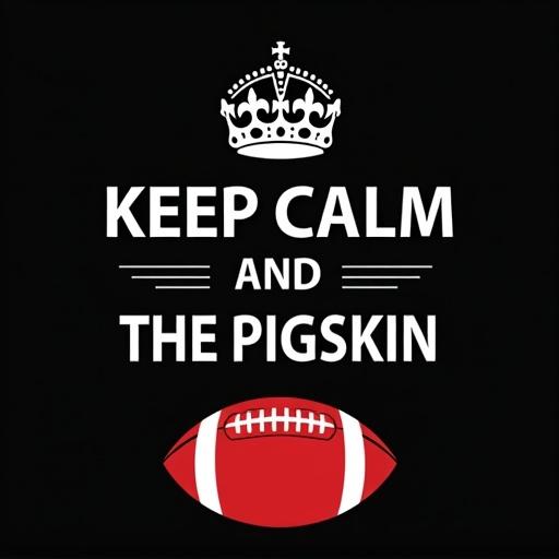 Fun and sporty graphic T-shirt. Phrase 'KEEP CALM AND PASS THE PIGSKIN'. Bold white text. Classic crown icon on top. Stylized red American football below. Black background for contrast. Ideal for football fans. Mix of royal calm and gridiron action. Great for tailgates or casual wear.