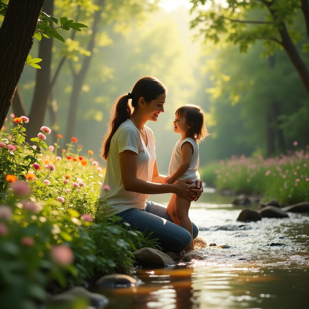 A mother and child by a creek surrounded by flowers. The scene is set in a tranquil natural environment. Soft light creates a serene atmosphere.