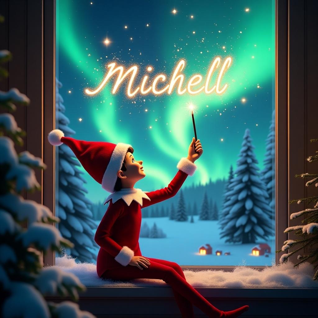 The image features an elf on the shelf sitting on a windowsill, gazing at the bright night sky. He is using a wand to create beautiful sparks, elegantly writing the name Michell in sparkling letters above. The background is filled with vibrant northern lights, illuminating a tranquil Christmas scene. Snow-covered pine trees frame the window, enhancing the holiday atmosphere. The elf, in a festive red outfit with white trim, embodies the spirit of Christmas and brings a magical touch to the scene.