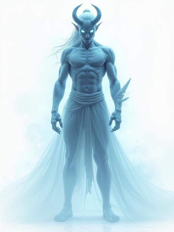 Full-body view of a male tiefling ghost. Ghost has a spectral and semi-transparent body with a glassy surface. Blue light glows from within the figure. Hair tied in a high ponytail. Legs fade into mist. Wearing spectral leather armor. Blending into the background. Ghostly and intangible appearance. Soft focus edges with volumetric fog. Floating glowing particles. White background.