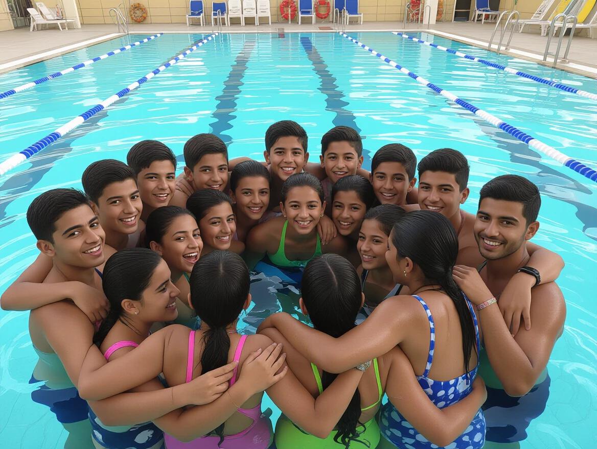 A swimming pool scene captured during a sunny day in Iran. A large group of girls and boys are found in colorful swimsuits. The children are joyfully hugging each other, forming a circle in the clear blue water of the pool. The atmosphere is vibrant and playful.