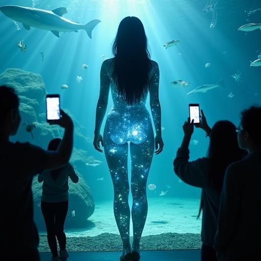 A 9:16 ultra-realistic cinematic photo of a woman in front of a shark tank inside a public aquarium. A tall woman with white skin and black hair. Body resembles a tank with marine life. Tourists surround her, amazed, taking photos. She stands proudly with a captivating underwater glow. Cinematic scene with soft lighting.