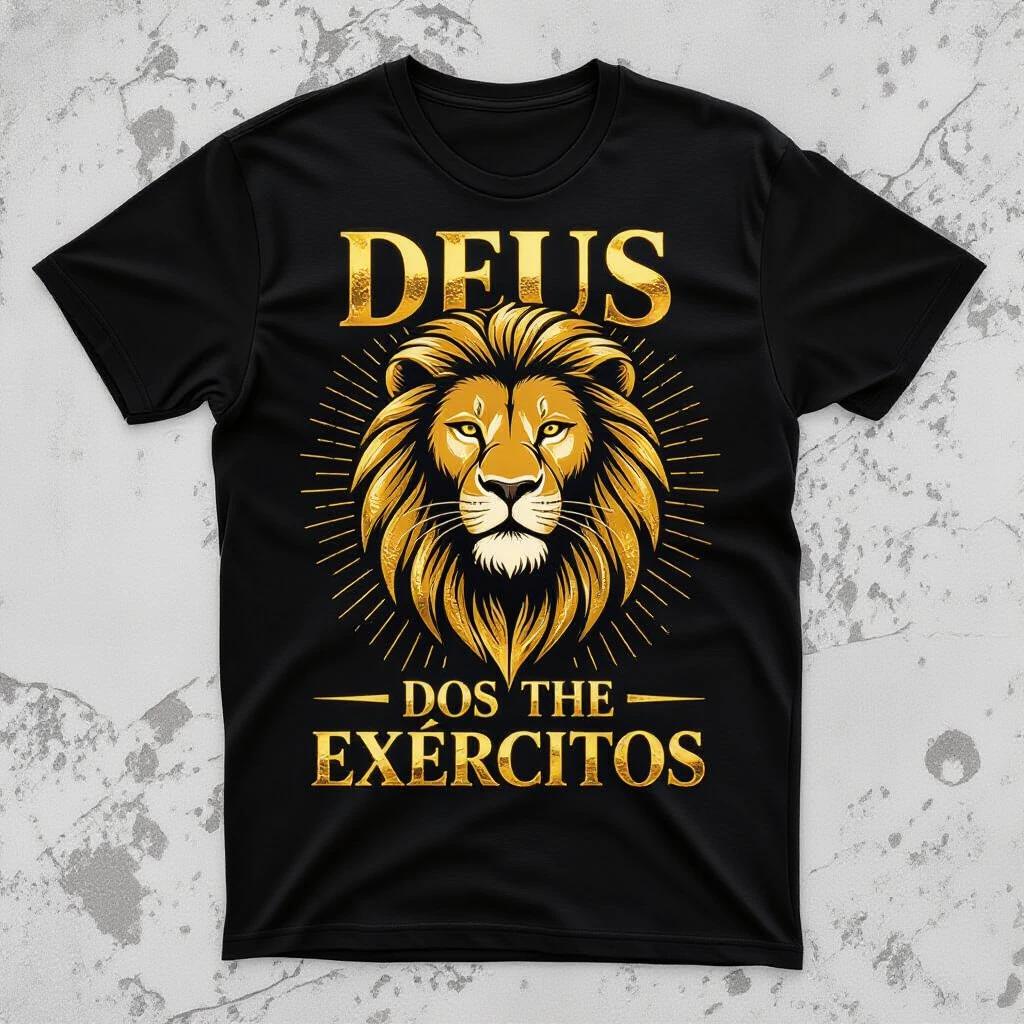 Black t-shirt features a powerful golden lion symbol representing the Lion of the Tribe of Judah. The lion is highly detailed and majestic. Above or below the lion is the phrase 'DEUS DOS EXÉRCITOS' in bold metallic gold. The design conveys spiritual authority and strength. Studio lighting is used for a front view display in high resolution.